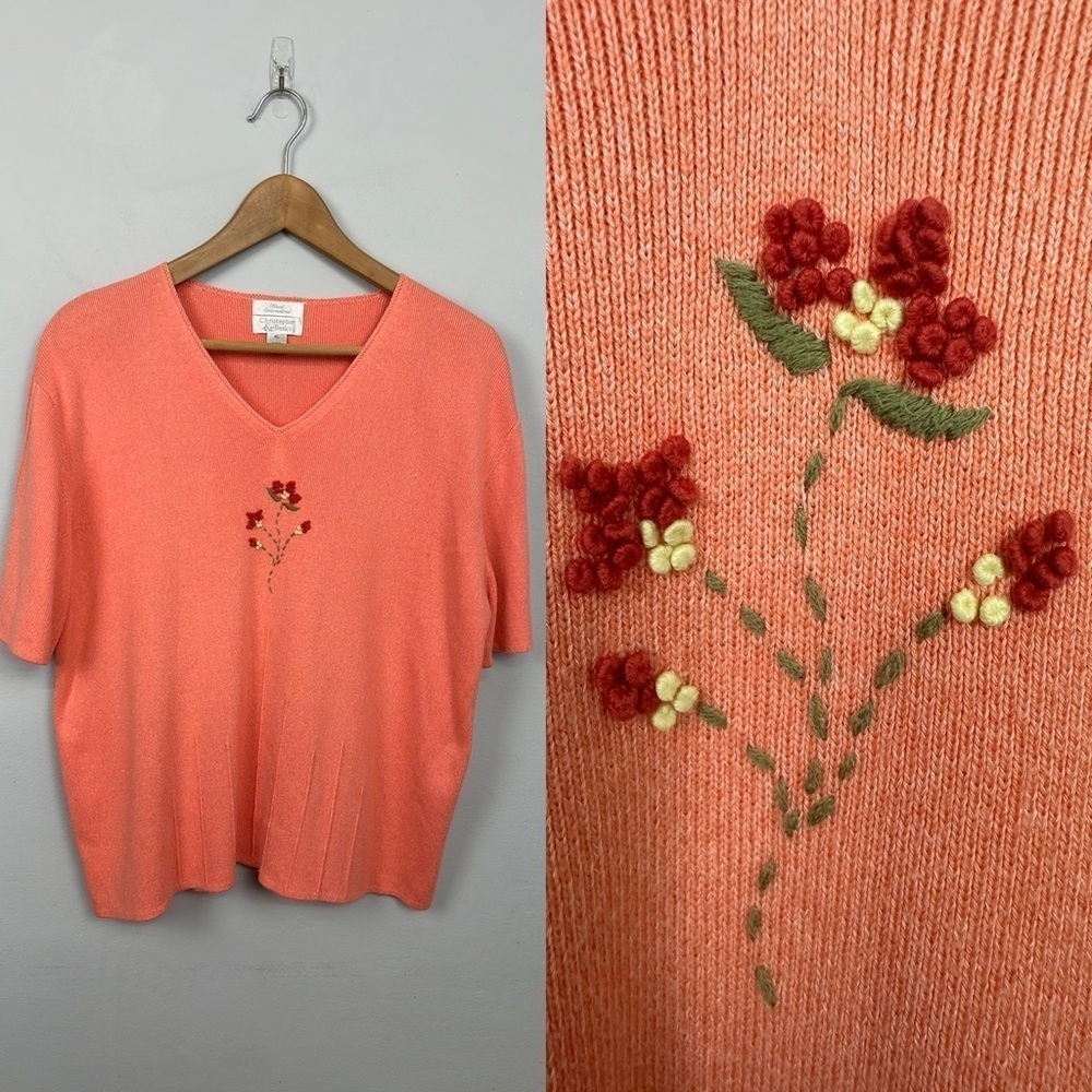 Christopher & Banks Hand Embroidered Short Sleeve Sweater Top Sz XL